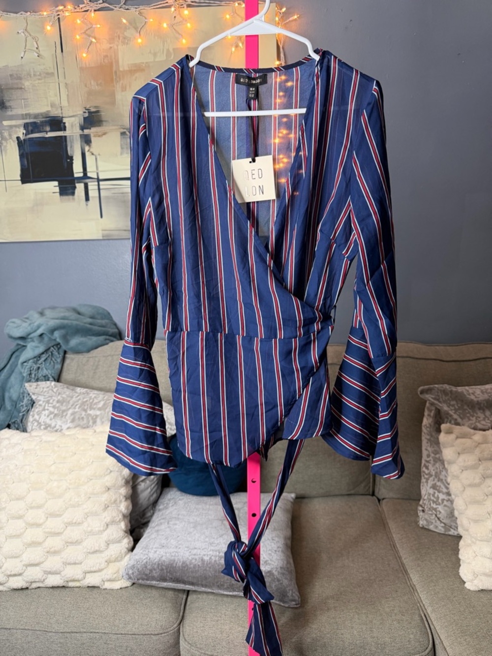 QED London Striped Wrap Top Adjustable Tie Waist Bell Sleeve Blouse Size 12 NWT